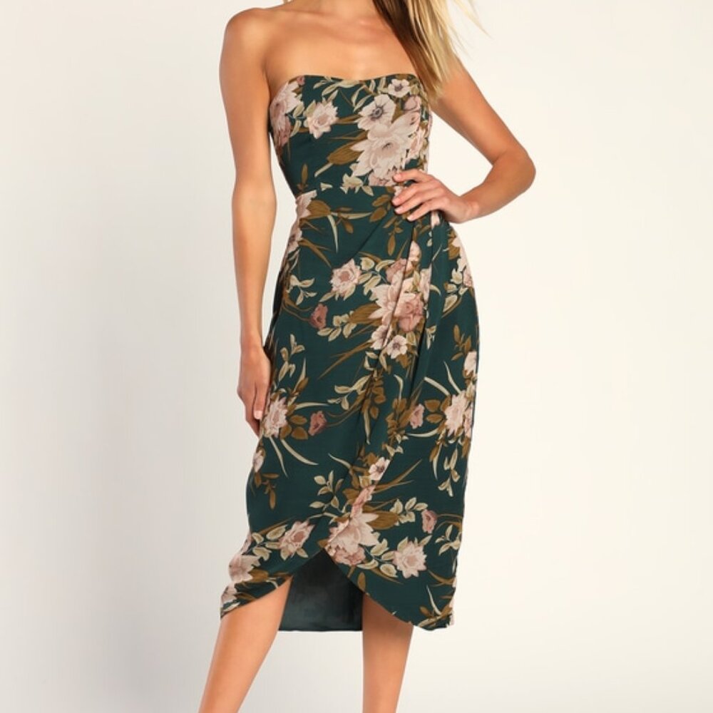 Lulu's Floral Strapless Midi Dress - Green and Pink